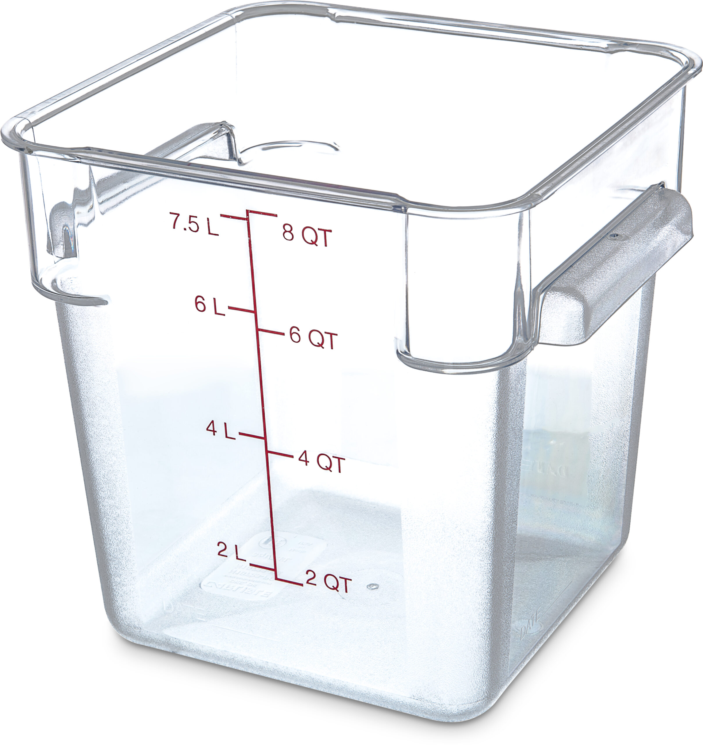1195307 Carlisle StorPlus Clear Square Food Container 8L Capacity. Includes handles with drain holes 222mm x 222mm x 229mm